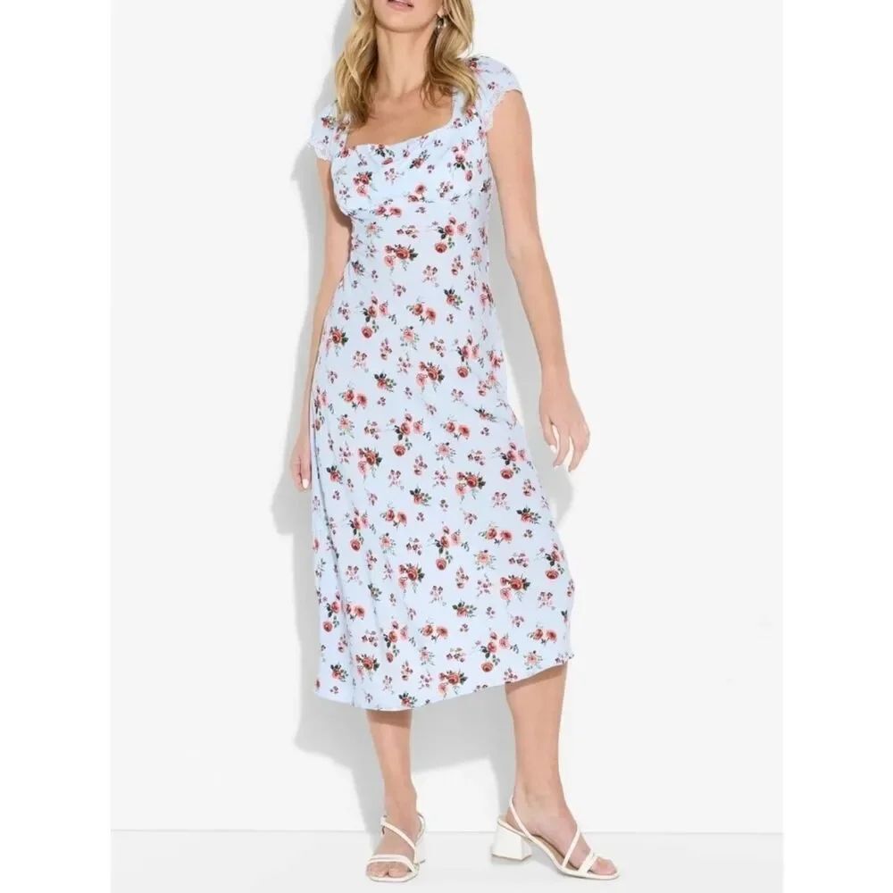 Wild Fable Blue Floral Flutter Sleeve Maxi Dress Lace Trim Cutout Back Size Xs
